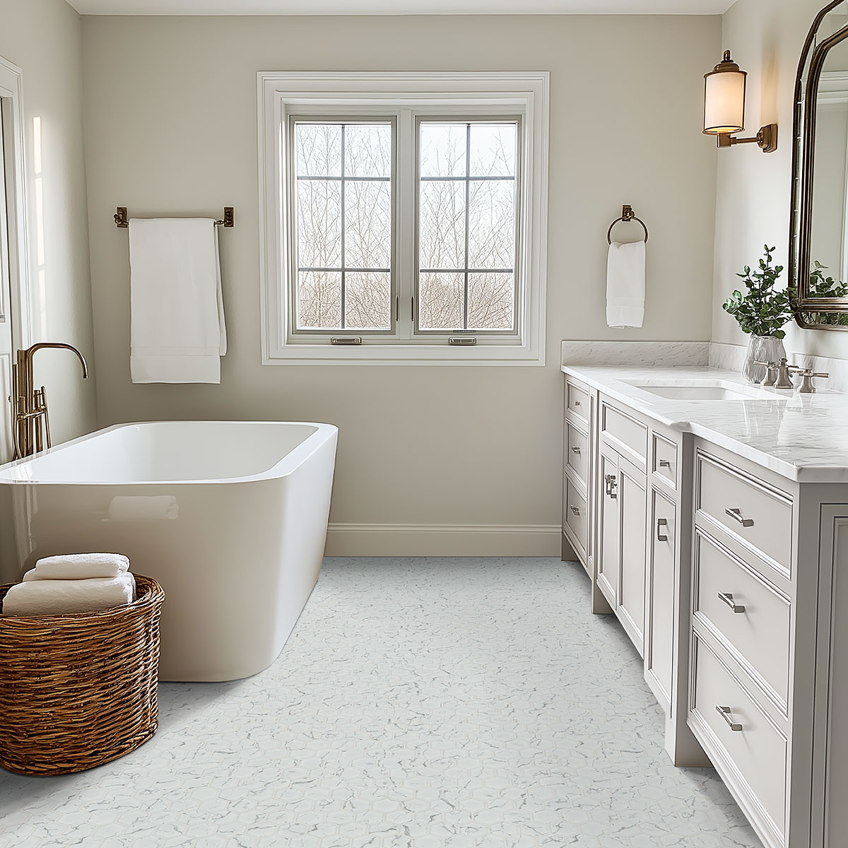 Carrara Matte 2" Hexagon backsplash in a bathroom — view 2